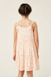 GY6038 ORANGE Girls Botanical Print Tiered Tie Shoulder Dress Back