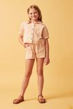 GY6040 Coral Girls Geometric Print Pocketed Short Sleeve Button Up Shirt Full Body