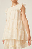 GY6052 CREAM Girls Textured Stripe Swiss Dot Ruffled Tiered Top Detail