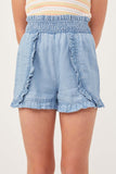 GY6054 LIGHT DENIM Girls Tencel Smocked Waist Ruffled Shorts Front