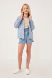 GY6054 LIGHT DENIM Girls Tencel Smocked Waist Ruffled Shorts Pose