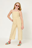 GY6067 MUSTARD Girls Side Smock Detailed Gingham Jumpsuit Full Body