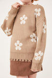 GY6090 Taupe Girls Distressed Floral Patterned Pullover Sweater Pose