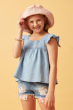 GY6110 LIGHT DENIM Girls Tencel Square Neck Ruffle Cap sleeve Top Front