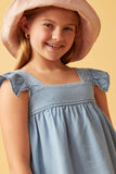 GY6110 LIGHT DENIM Girls Tencel Square Neck Ruffle Cap sleeve Top Detail