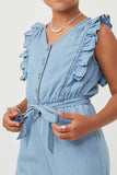 GY6111 LIGHT DENIM Girls Tencel Buttoned Ruffle Tank Wideleg Jumpsuit Detail