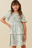 GY6135 Green Girls Floral Print Lace Detail Tiered Smock Dress Front