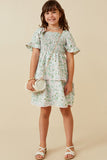 GY6135 Green Girls Floral Print Lace Detail Tiered Smock Dress Full Body