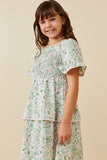 GY6135 Green Girls Floral Print Lace Detail Tiered Smock Dress Side