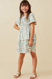 GY6135 Green Girls Floral Print Lace Detail Tiered Smock Dress Pose