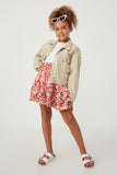 GY6141 BEIGE Girls Washed Cargo Pocket Contrast Stitch Colored Denim Jacket Pose