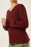 GY6159 Burgundy Girls Marled V Neck Smocked Cuff Ribbed Knit Top Detail