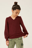 GY6159 Burgundy Girls Marled V Neck Smocked Cuff Ribbed Knit Top Alternate Angle