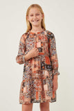 GY6220 Brown Girls Paisley Patch Print Ruffle Neck Chiffon Dress Front