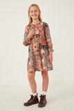 GY6220 Brown Girls Paisley Patch Print Ruffle Neck Chiffon Dress Full Body