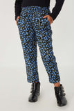 GY6278 Black Girls Floral Printed Corduroy Elastic Waist Pants Front