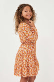 GY6325 RUST Girls Floral Print Smocked Detail Puff Sleeve Dress Side