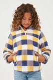 GY6340 Blue Girls Zip Up Mock Neck Plaid Fleece Top Front