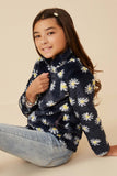 GY6341 Navy Girls Floral Print Mock Neck Fleece Jacket Side