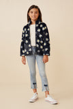 GY6341 Navy Girls Floral Print Mock Neck Fleece Jacket Full Body