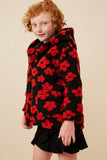 GY6345 Black Girls All Over Floral Fleece Hooded Jacket Side