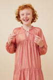 GY6375 PINK Girls Textured Iridescent Glow Tasseled Long Sleeve Dress Front 2