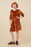 GY6378 CAMEL Girls Floral Printed Ribbed Velvet Dress Full Body