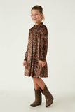 GY6383 Rust Girls Textured Lurex Velvet Tiered Dress Full Body