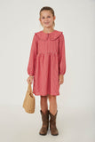 GY6387 RED Girls Ruffle Collared Long Sleeve Dress Full Body