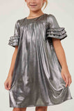GY6412 SILVER Girls Textured Iridescent Layered Ruffle Sleeve Dress Front