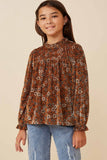 GY6423 CAMEL Girls Floral Velvet Cinched Cuff Long Sleeve Front