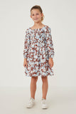 GY6427 BROWN Girls Botanical Print Square Neck Smocked Dress Full Body