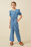 GY6431 Mid Denim Girls Ditsy Floral Chambray Buttoned Jumpsuit Full Body