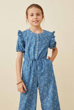 GY6431 Mid Denim Girls Ditsy Floral Chambray Buttoned Jumpsuit Front