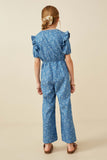 GY6431 Mid Denim Girls Ditsy Floral Chambray Buttoned Jumpsuit Back