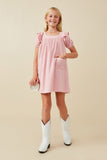 GY6436 BLUSH Girls Patch Pocket Square Neck Ruffled Dress Full Body