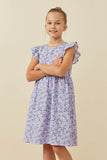 GY6446 Lavender Girls Butterfly Print Flutter Sleeve Dress Front