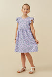 GY6446 Lavender Girls Butterfly Print Flutter Sleeve Dress Full Body