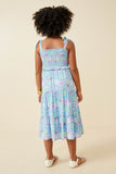 GY6454 Blue Girls Floral Print Ruffled Smocked Tie Strap Dress Back
