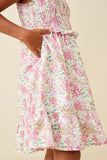 GY6455 PINK Girls Floral Print Ruffled Smocked Flutter Tank Dress Side