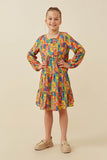 GY6493 Green Mix Girls Colorful Patch Print Long Sleeve Dress Full Body