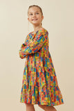 GY6493 Green Mix Girls Colorful Patch Print Long Sleeve Dress Side