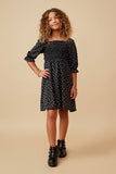 GY6509 Black Girls Ditsy Floral Smocked Square Neck Dress Full Body