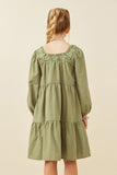 GY6532 Olive Girls Lace Trimmed Square Neck Tiered Dress Back