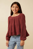 Girls Smock Detailed Textured Washed Peplum Top Front