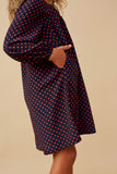 GY6550 Navy Girls Polka Dot Print Square Neck Long Sleeve Dress Detail