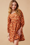 Floral Corduroy Pleated Sleeve Dress