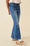 GY6560 MID DENIM  Girls Washed Paper Bag Waist Flared Denim Jeans Side