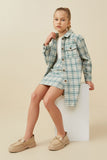 GY6594 MINT Girls Front Pocket Long Line Flannel Shirt Jacket Pose