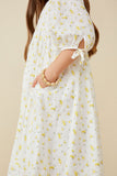 GY6604 YELLOW Girls Textured Ditsy Floral Square Neck Tie Sleeve Dress Side